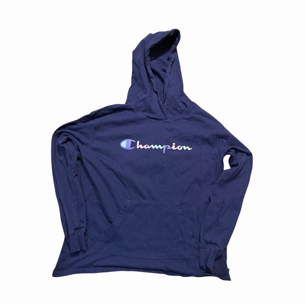 Champion Hoodie Women’s Small Navy Script Logo Pullover Sweatshirt Athleisure
